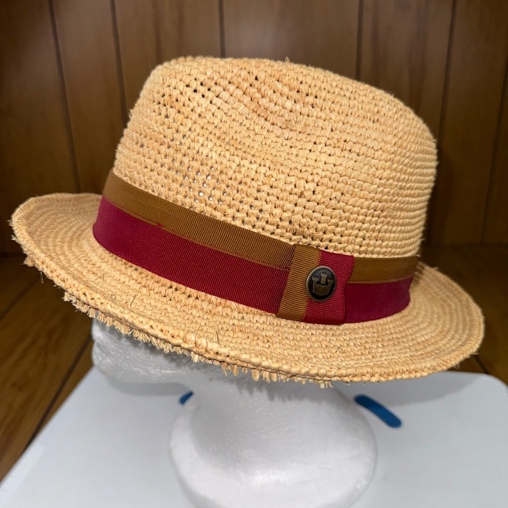 Goorin Bros Large Raffia Straw Fedora Hat Tan Burgundy Brown Ribbon Castle Pin